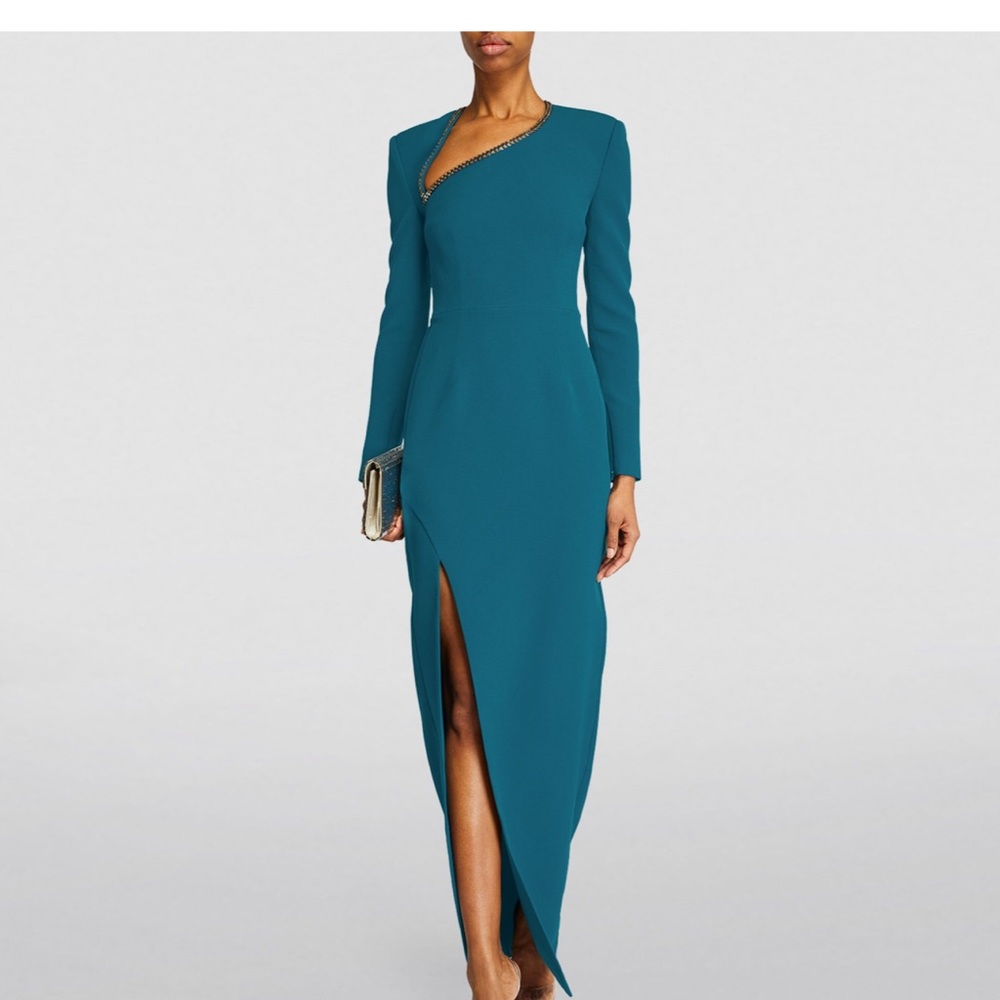 Safiyaa Teal ankle length gown. Beaded asymmetric neckline.